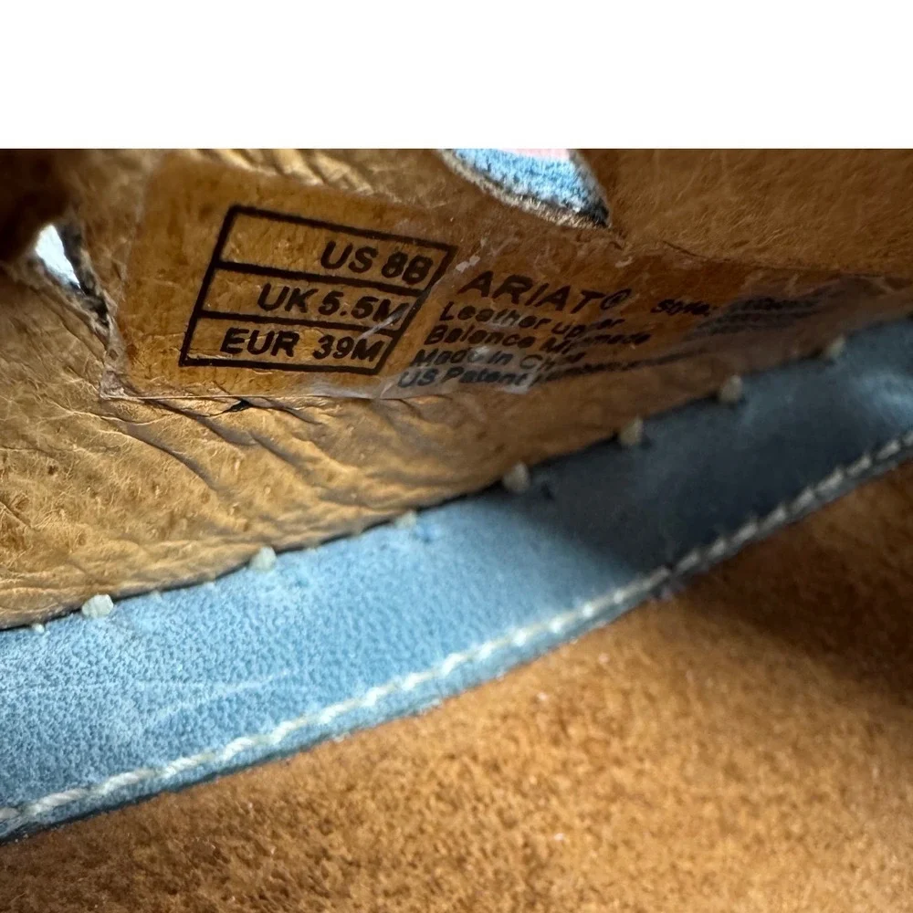 🔥Ariat 🦋💙🦋Blue Leather Laser Cut Floral Wedge Slide Sandals Mules Size‎ 8B
